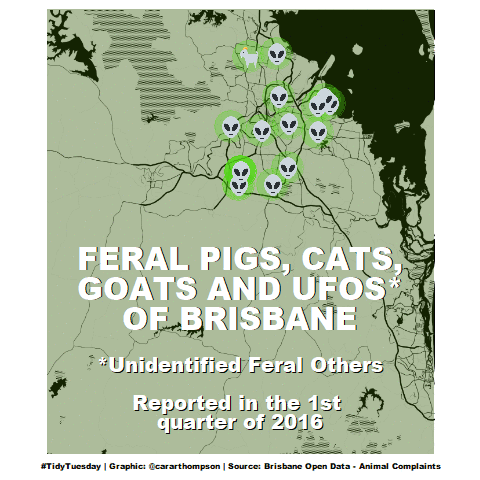 Pig, Goat and Alien emojis dancing around on a map of Brisbane, as it maps the animals found over time, which included Unidentified Feral Others